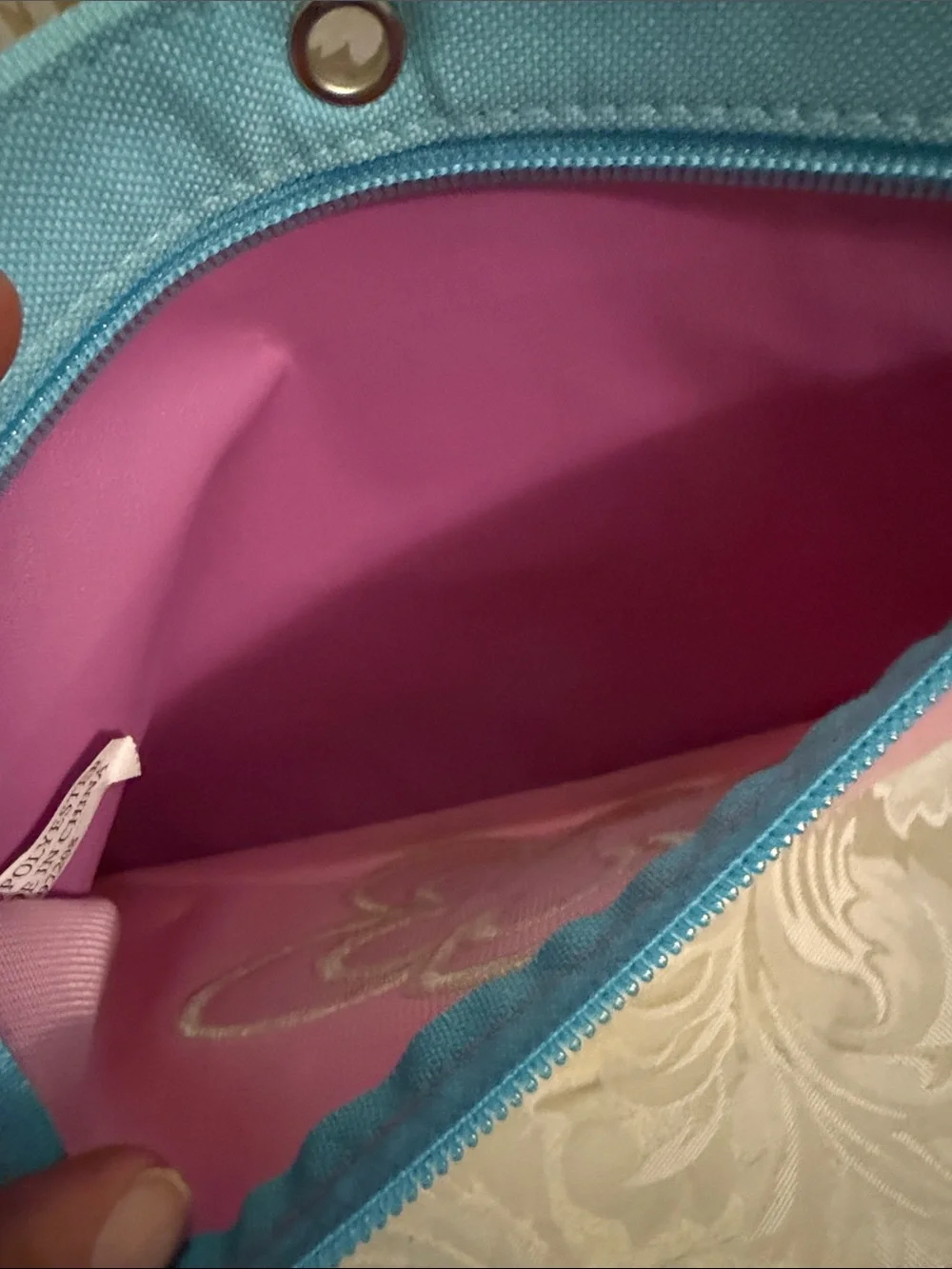 Kids Pink Floral Zip Pouch with Light Blue Trim